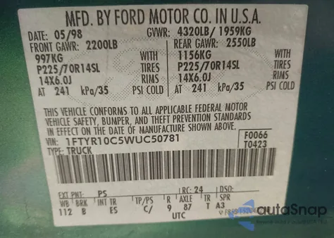 1998 Ford Ranger Splash/Xl/Xlt из США, поврежденный, VIN 1FTYR10C5WUC50781